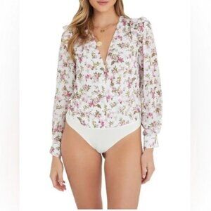 Floral V-Neck Bodysuit By Fate  Medium  Polyester & Spandex Blend  Long Sleeves